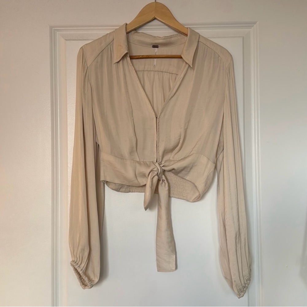 Free People Romantic Tie-front Business Blouse Crop Ivory Beige - Picture 6 of 7